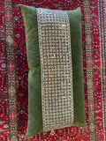 Olive Velvet Lumbar Pillow with Vintage Indian Mirrored Tape