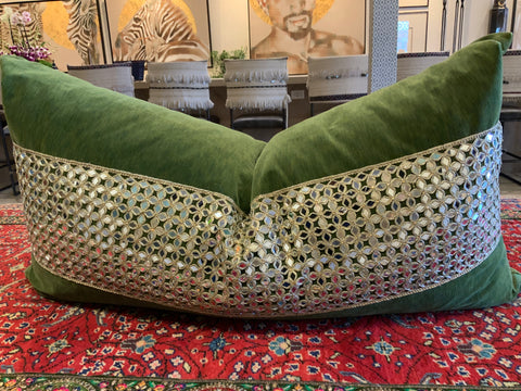Olive Velvet Lumbar Pillow with Vintage Indian Mirrored Tape